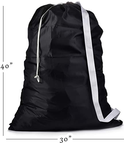 Shoulder Strap Laundry Bag - Drawstring Locking Closure, Durable Nylon Material, Large Capacity, Heavy Duty Stitching, Hands Free Carrying, Perfect for Laundromat or College Dorm. (Black | 30" x 40")