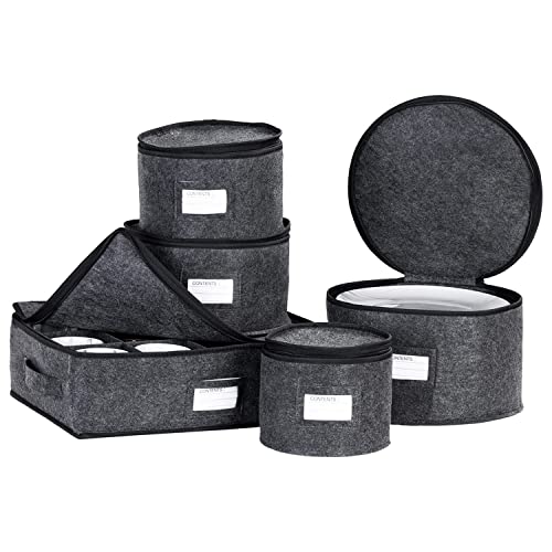 SUNNOW Nuovoo China Storage Set,China Storage Containers with 48 Felt Plate Dividers,Lable Window and Handles,for Dinnerware Storage and Transport, Protects Dishes, Cups and Mugs