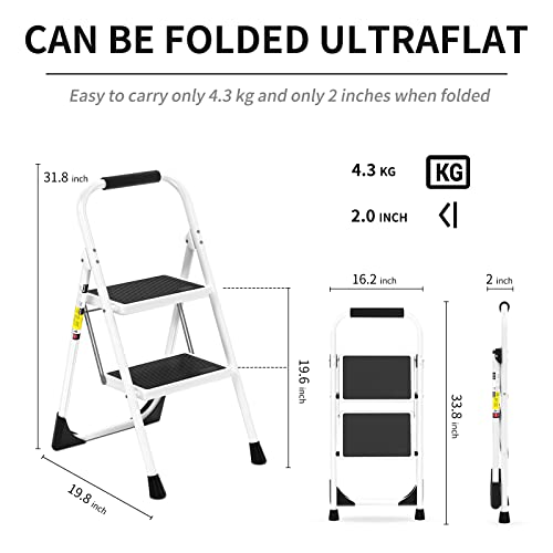 Step Ladder EFFIELER,2 Step Stool Ergonomic Folding Step Stool with Wide Anti-Slip Pedal 430 lbs Sturdy Step Stool for Adults Multi-Use for Household, Kitchen，Office Step Ladder Stool (White)