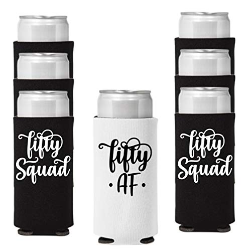 Veracco Fifty AF Fifty Squad 50 Years Slim Can Coolie Holder 50th Birthday Gift Fifty Squad and Fabulous Party Favors Decorations (Black/White, 6)