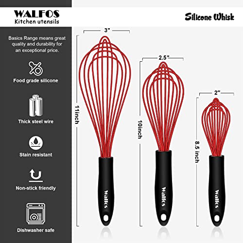 Walfos Silicone Whisk, Non Scratch Coated Whisks- Heat Resistant Kitchen Whisks for Cooking Non Stick Cookware, Balloon Egg Beater Perfect for Blending, Whisking, Beating, Set of 3