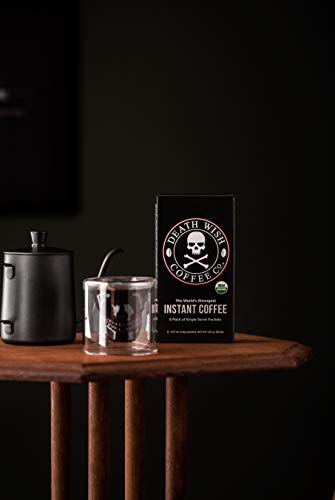 Death Wish Coffee Instant Coffee Dark Roast, 8 Single Serve Packets, Extra Kick of Caffeine, Bold & Intense Blend of Arabica & Robusta Beans, USDA Organic Powder, 300mg of Caffeine for Day Lift