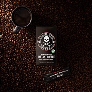 Death Wish Coffee Instant Coffee Dark Roast, 8 Single Serve Packets, Extra Kick of Caffeine, Bold & Intense Blend of Arabica & Robusta Beans, USDA Organic Powder, 300mg of Caffeine for Day Lift