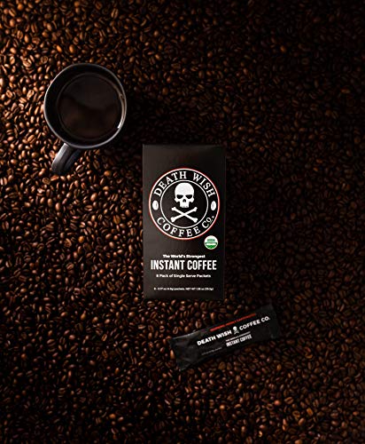 Death Wish Coffee Instant Coffee Dark Roast, 8 Single Serve Packets, Extra Kick of Caffeine, Bold & Intense Blend of Arabica & Robusta Beans, USDA Organic Powder, 300mg of Caffeine for Day Lift