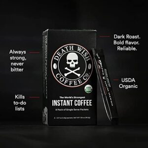 Death Wish Coffee Instant Coffee Dark Roast, 8 Single Serve Packets, Extra Kick of Caffeine, Bold & Intense Blend of Arabica & Robusta Beans, USDA Organic Powder, 300mg of Caffeine for Day Lift