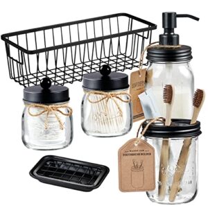 premium mason jar bathroom accessories set (6pcs) – lotion soap dispenser,toothbrush holder,2 apothecary jars(qtip holder), soap dish,storage organizer basket – rustic farmhouse decor (black)