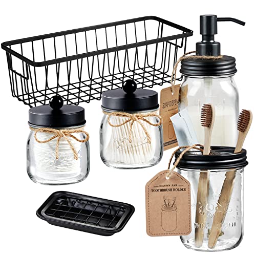 Premium Mason Jar Bathroom Accessories Set (6PCS) - Lotion Soap Dispenser,Toothbrush Holder,2 Apothecary Jars(Qtip Holder), Soap Dish,Storage Organizer Basket - Rustic Farmhouse Decor (Black)