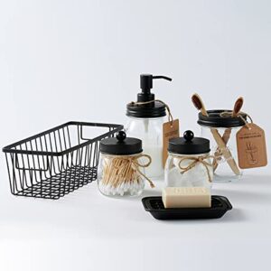 Premium Mason Jar Bathroom Accessories Set (6PCS) - Lotion Soap Dispenser,Toothbrush Holder,2 Apothecary Jars(Qtip Holder), Soap Dish,Storage Organizer Basket - Rustic Farmhouse Decor (Black)