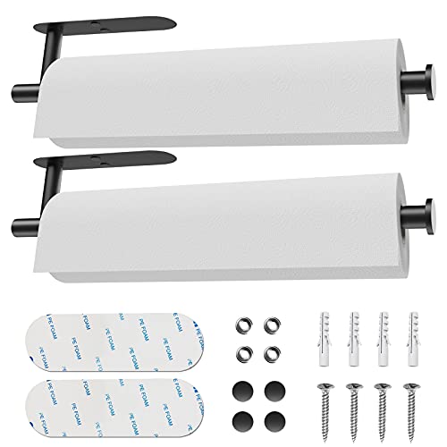 Paper Towel Holder 2 Pack, Under Cabinet Paper Towel Holder Wall Mount, Self Adhesive or Drilling Kitchen Towel Holder, SUS304 Stainless Steel Paper Towel Holder for Kitchen Bathroom RV Blcak