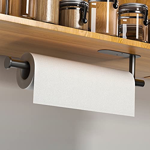 Paper Towel Holder 2 Pack, Under Cabinet Paper Towel Holder Wall Mount, Self Adhesive or Drilling Kitchen Towel Holder, SUS304 Stainless Steel Paper Towel Holder for Kitchen Bathroom RV Blcak