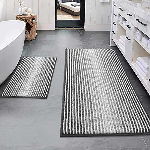 BSICPRO Bathroom Rugs and Mats Sets, 2 Piece Thick Absorbent Chenille Bath Mat Rug Set Non Slip, Soft Shaggy Bath Room Floor Mats for Bathroom, Machine Washable (20" x 47" Plus 16" x 24", Gray)