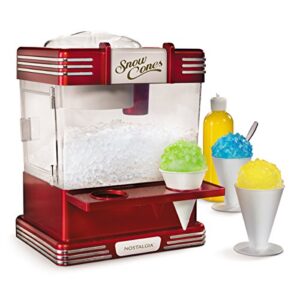 nostalgia retro table-top snow cone maker, makes 20 icy treats, shaved ice machine includes 2 reusable plastic cups & ice scoop, retro red