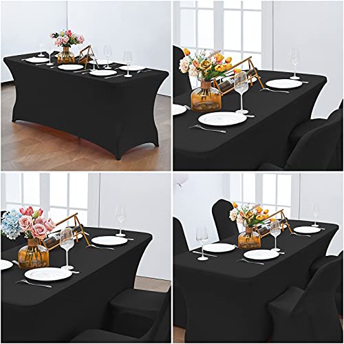 CWK 6FT Stretch Spandex Table Cover for Rectangular Fitted Folding Tables, Wrinkle Resistant, Elastic Stretchable Patio Tablecloth Protector for Party, Banquet, Wedding and Events (Black)