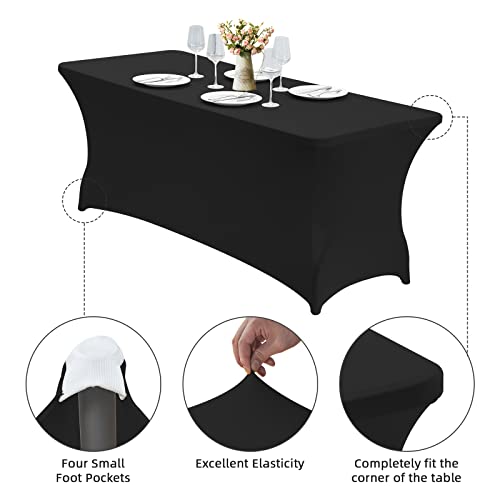 CWK 6FT Stretch Spandex Table Cover for Rectangular Fitted Folding Tables, Wrinkle Resistant, Elastic Stretchable Patio Tablecloth Protector for Party, Banquet, Wedding and Events (Black)