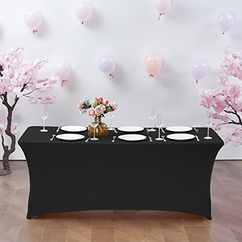 CWK 6FT Stretch Spandex Table Cover for Rectangular Fitted Folding Tables, Wrinkle Resistant, Elastic Stretchable Patio Tablecloth Protector for Party, Banquet, Wedding and Events (Black)