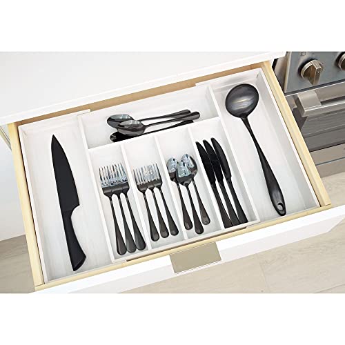 iDesign Renewable Paulownia Wood Collection Expandable Flatware and Cutlery Tray, 15" x 12"-22", White Wash