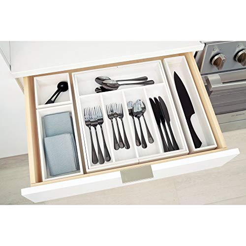 iDesign Renewable Paulownia Wood Collection Expandable Flatware and Cutlery Tray, 15" x 12"-22", White Wash