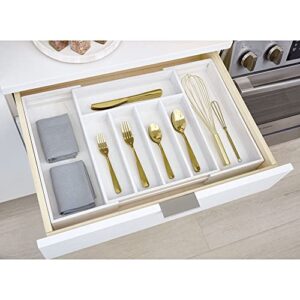 iDesign Renewable Paulownia Wood Collection Expandable Flatware and Cutlery Tray, 15" x 12"-22", White Wash