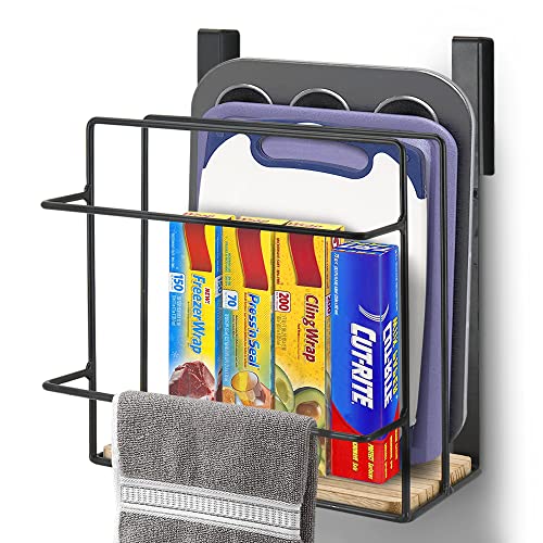 VOOTTOU Cabinet Door Organizer with Towel Bar, Under Cabinet Shelf Organizer, Cutting Board Organizer for Kitchen, Dual Purpose Over The Cabinet Organizer for Cutting Board Aluminum Foil, Wrap