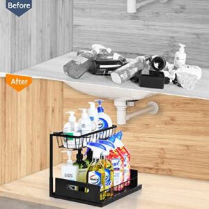 Under Sink Organizer, DIFEN 2-Tier Sliding Cabinet Basket Organizer for Under Sink Storage in Bathroom and Kitchen - Black