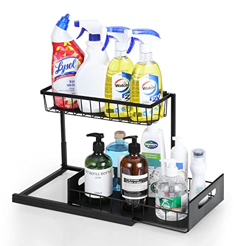 Under Sink Organizer, DIFEN 2-Tier Sliding Cabinet Basket Organizer for Under Sink Storage in Bathroom and Kitchen - Black