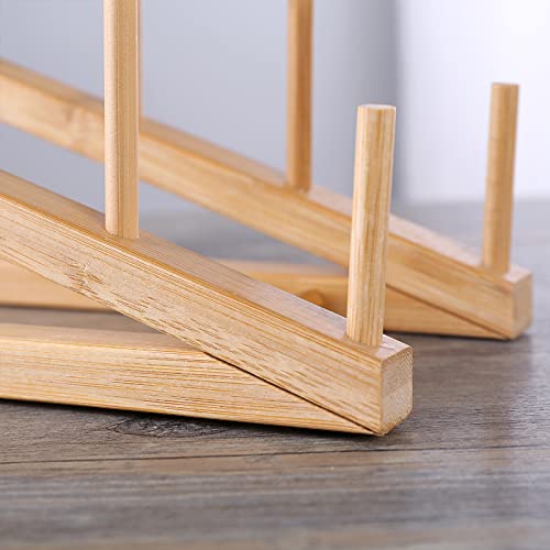 FEOOWV 2 Pack Ladder Wooden Dish Rack, Plate Cutting Board Drying Stand Holder, Kitchen Cabinet Organizer for Cups Books Plates and More (5-Slots Step Type)