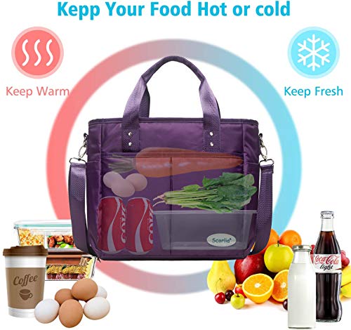 Scorlia Insulated Lunch Bags for Women Work, Extra Large Lunch Tote Bag With Removable Shoulder Strap, Durable Reusable Cooler lunch Box with Side Pockets, Tall Drinks Holder for Women&Men, Purple
