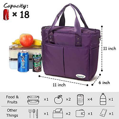 Scorlia Insulated Lunch Bags for Women Work, Extra Large Lunch Tote Bag With Removable Shoulder Strap, Durable Reusable Cooler lunch Box with Side Pockets, Tall Drinks Holder for Women&Men, Purple