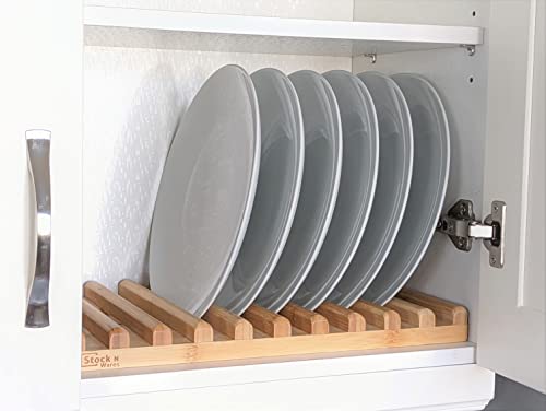 Stock N Wares Bamboo Dish Rack, Regular(0.8" Holder Width 10 Slots), Stylish Low Profile Plate Stand, Dish Drying Rack, Cabinet Plate Stand, 15.56" Lx10 Wx1.38 H (39.53cmx25.40cmx3.49cm)