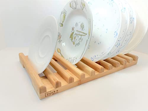 Stock N Wares Bamboo Dish Rack, Regular(0.8" Holder Width 10 Slots), Stylish Low Profile Plate Stand, Dish Drying Rack, Cabinet Plate Stand, 15.56" Lx10 Wx1.38 H (39.53cmx25.40cmx3.49cm)