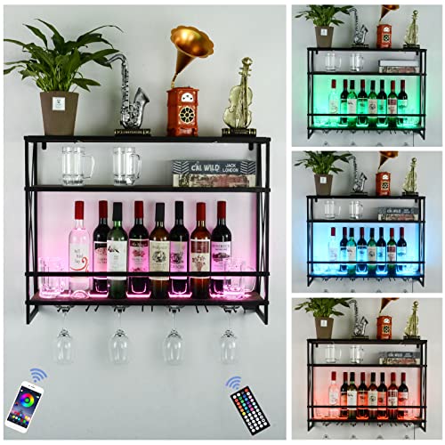 Fhons LED Wine Racks Wall Mounted, Remote Control and 7 Stem Wine Glass Holders, 31.5in Industrial Metal Hanging Wine Rack, Rustic Bottle Holder Glass Rack, 3-Tiers Bar Shelves for Home, Dining Room