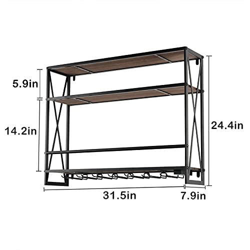 Fhons LED Wine Racks Wall Mounted, Remote Control and 7 Stem Wine Glass Holders, 31.5in Industrial Metal Hanging Wine Rack, Rustic Bottle Holder Glass Rack, 3-Tiers Bar Shelves for Home, Dining Room