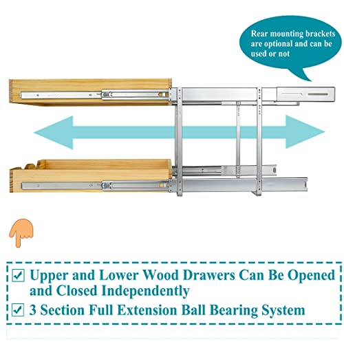 OCG Pull Out Drawers For Cabinets 14" W x 21" D, 2 Tier Heavy-Duty Slide out Wood Drawer Shelf, Pull Out Drawer for Cabinets, Base Cabinet Organization ​for Kitchen, Pantry, Bathroom