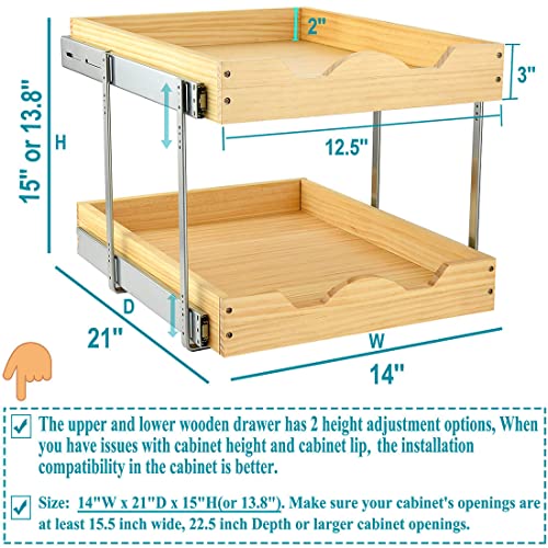 OCG Pull Out Drawers For Cabinets 14" W x 21" D, 2 Tier Heavy-Duty Slide out Wood Drawer Shelf, Pull Out Drawer for Cabinets, Base Cabinet Organization ​for Kitchen, Pantry, Bathroom