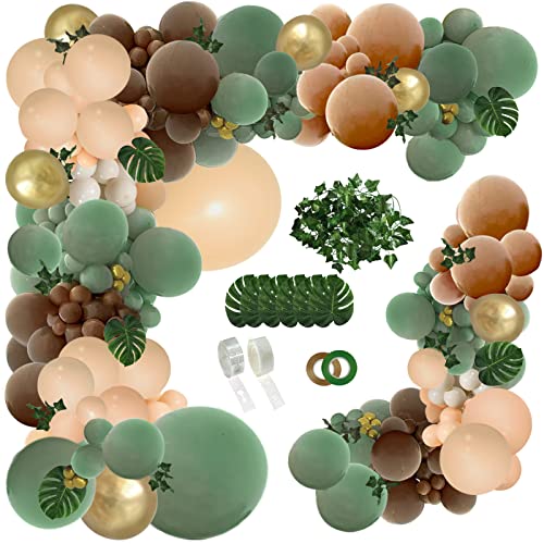 PERPAOL 142PCS Sage Green Brown Balloon Garland Kit, Jungle Safari Wild Woodland Balloon Arch, Olive Green Gold Coffee Cocoa Balloons for Birthday Wedding Shower Party Decorations