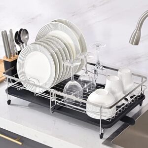 TOOLF Expandable Dish Drainer Rack, Adjustable 304 Stainless Steel Dish Rack, Foldable Dish Drying Rack with Removable Cutlery Holder Swivel Drainage Spout, Anti-Rust Plate Rack for Kitchen, 1 Piece