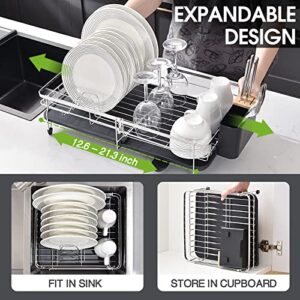 TOOLF Expandable Dish Drainer Rack, Adjustable 304 Stainless Steel Dish Rack, Foldable Dish Drying Rack with Removable Cutlery Holder Swivel Drainage Spout, Anti-Rust Plate Rack for Kitchen, 1 Piece