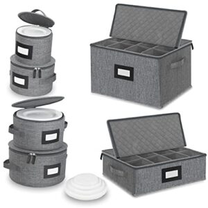 merb home – china storage set – dinnerware & glass storage containers – hard shell and stackable storage boxes – protects dishes cups and mugs, felt plate dividers included (6-pieces grey)