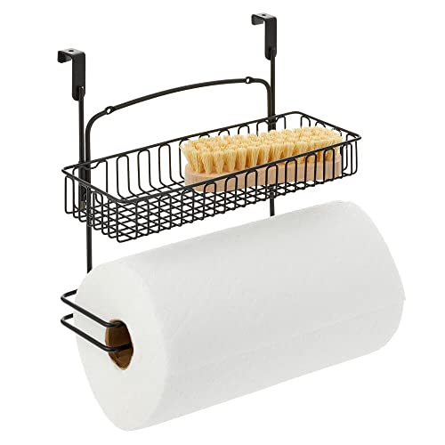 mDesign Over Cabinet Paper Towel Holder with Multi-Purpose Basket Shelf - Hanging Storage Organizer for Kitchen, Pantry, Laundry, Garage - Holds Dish Soap, Cleaners, Sponges - Metal Wire - Black