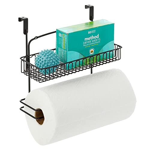 mDesign Over Cabinet Paper Towel Holder with Multi-Purpose Basket Shelf - Hanging Storage Organizer for Kitchen, Pantry, Laundry, Garage - Holds Dish Soap, Cleaners, Sponges - Metal Wire - Black