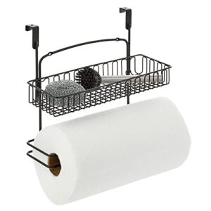 mDesign Over Cabinet Paper Towel Holder with Multi-Purpose Basket Shelf - Hanging Storage Organizer for Kitchen, Pantry, Laundry, Garage - Holds Dish Soap, Cleaners, Sponges - Metal Wire - Black