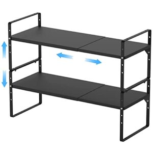 gedlire expandable kitchen cabinet shelf organizers 2 pack, stackable metal pantry storage shelves rack, adjustable counter shelf for cabinets, countertop, cupboard organizers and storage, black