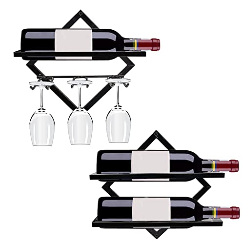 FOSTERSOURCE 2Pcs Metal Wall Mounted Wine Rack Glass Holder Hanging Wine Bottle Organizer Wine Glass Storage Shelf for Home Kitchen Bar Decor