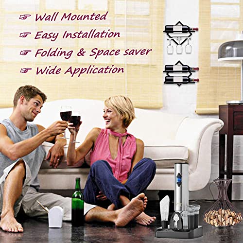 FOSTERSOURCE 2Pcs Metal Wall Mounted Wine Rack Glass Holder Hanging Wine Bottle Organizer Wine Glass Storage Shelf for Home Kitchen Bar Decor