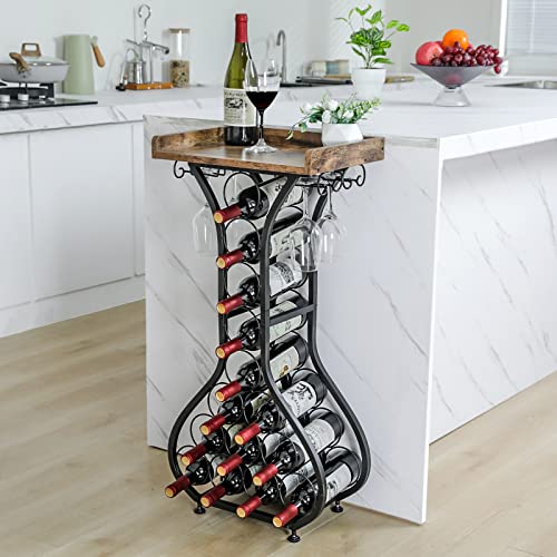 14 Bottles Wine Rack Console Table Freestanding Floor Wine Storage Organizer with Glass Holder Adjustable Feet Wood Top 35.4" H