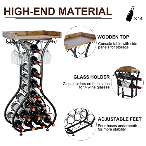 14 Bottles Wine Rack Console Table Freestanding Floor Wine Storage Organizer with Glass Holder Adjustable Feet Wood Top 35.4" H