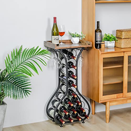 14 Bottles Wine Rack Console Table Freestanding Floor Wine Storage Organizer with Glass Holder Adjustable Feet Wood Top 35.4" H