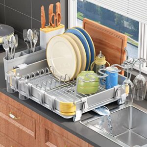 dish drying rack, aluminium dish racks for kitchen counter with cup rack, large dish drainers with drainboard, anti-rust kitchen dish rack dryer shelf for plate with utensil, cutting board holder