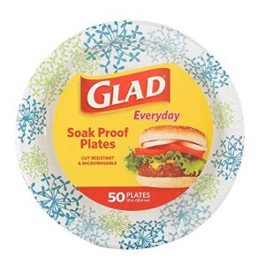 glad round disposable paper plates for all occasions | new & improved quality | soak/ cut proof, microwaveable heavy duty | 10″ diameter, 50 count bulk plates