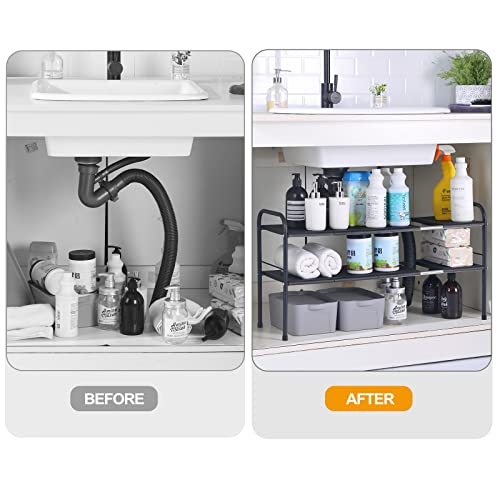 AJSWISH Under Sink Organizers and Storage, Expandable Kitchen Cabinet Shelf Organizer Rack with Removable Panels for Kitchen Bathroom Storage 2-Tier 8 Panels